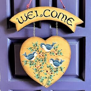 VTG Hand Painted Double Sided Wooden Welcome Sign Noel Christmas Scandi Heart